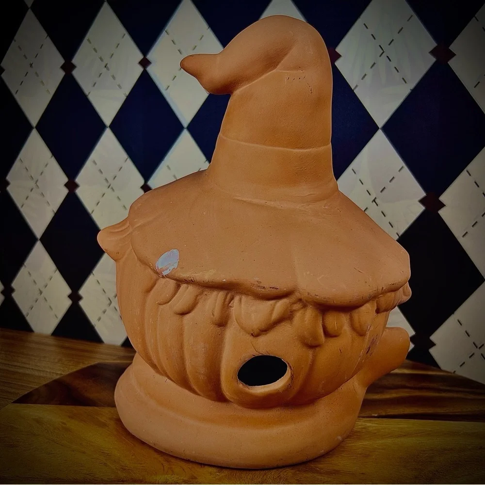 Large Terracotta‎ Jack O Lantern Scarecrow Pumpkin Candle Holder Witch Hat